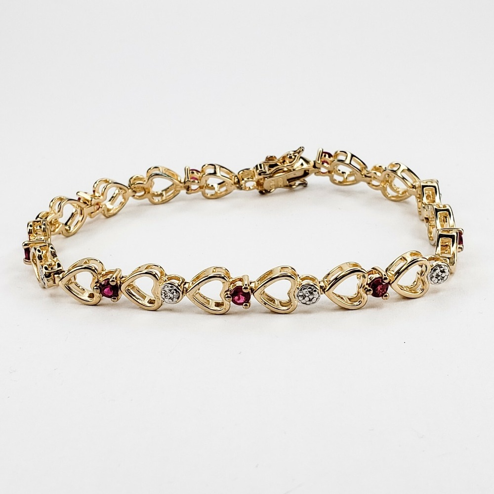 Ross Simons Tennis Bracelet Sterling Silver Gold Vermeil 7.25" Ruby Heart Link
